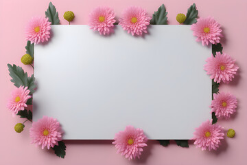 Frame of pink chrysanthemums on pink background, flat lay