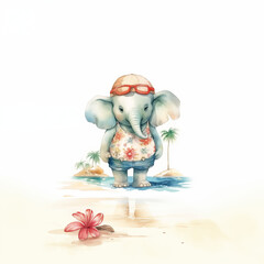 mignon éléphant petite fille avec des lunettes de natation un bonnet de natation, un short en jean et un t-shirt les pieds dans l'eau à la plage entre les cocotiers. Aquarelle style chibi - obrazy, fototapety, plakaty