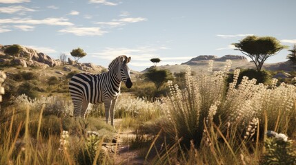 a Burchell Zebra standing gracefully amidst fynbos, the zebra's elegance and the surrounding flora in a minimalist modern style.