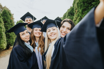 Successful Graduates Celebrating Milestones in Park After Graduation. They are Taking Selfies For...