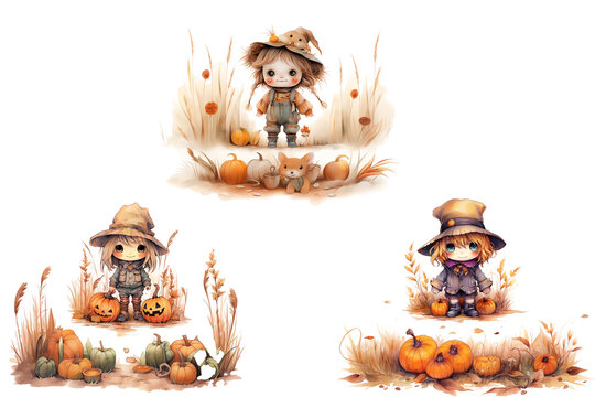 Groupe de 3 illustrations représentant 3 épouvantails enfant type chibi, joufflu et mignon dans les tonalités automnales marron avec des graminées, cucurbitacées, détourés sur fond transparent