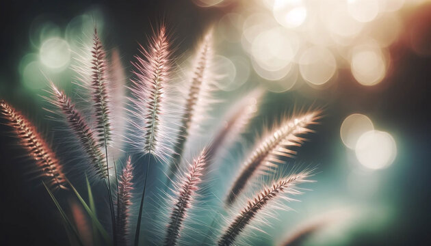 High grass with soft focus and beautiful bokeh, macro. Natural gentle plant background 