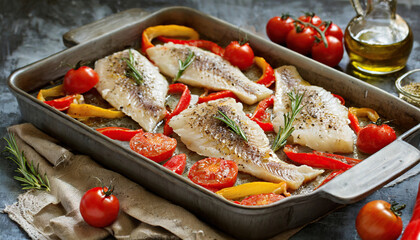 fish fillets with tomatoes and peppers in a baking pan