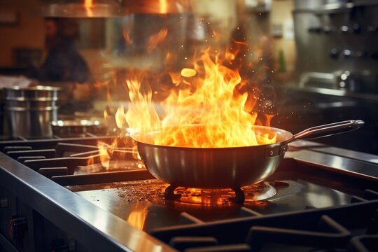 A frying pan on a stove with flames erupting from it. This image can be used to depict cooking, heat, danger, or an intense cooking experience