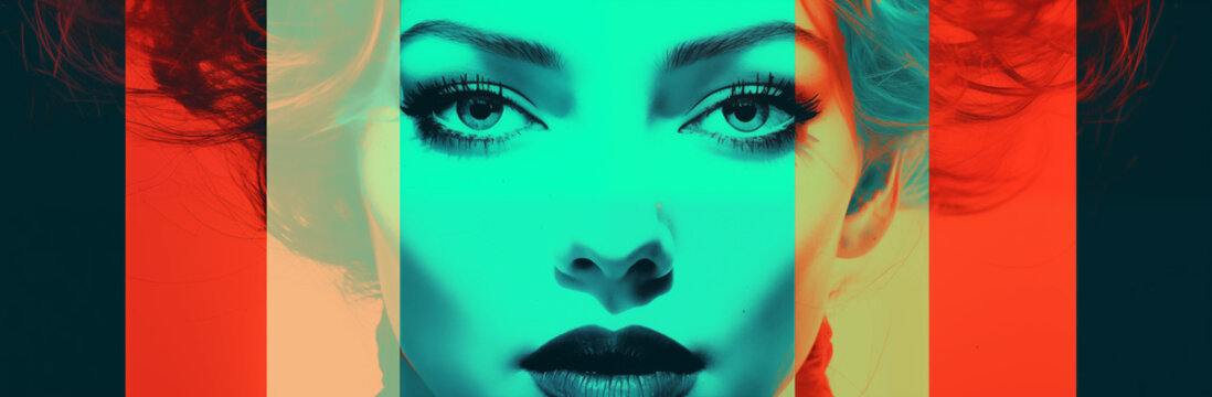 Generative AI illustration of a woman's head in monochrome toning for a party flyer in the style of glitch art, retro pop art, hero image for landing page design, banner 