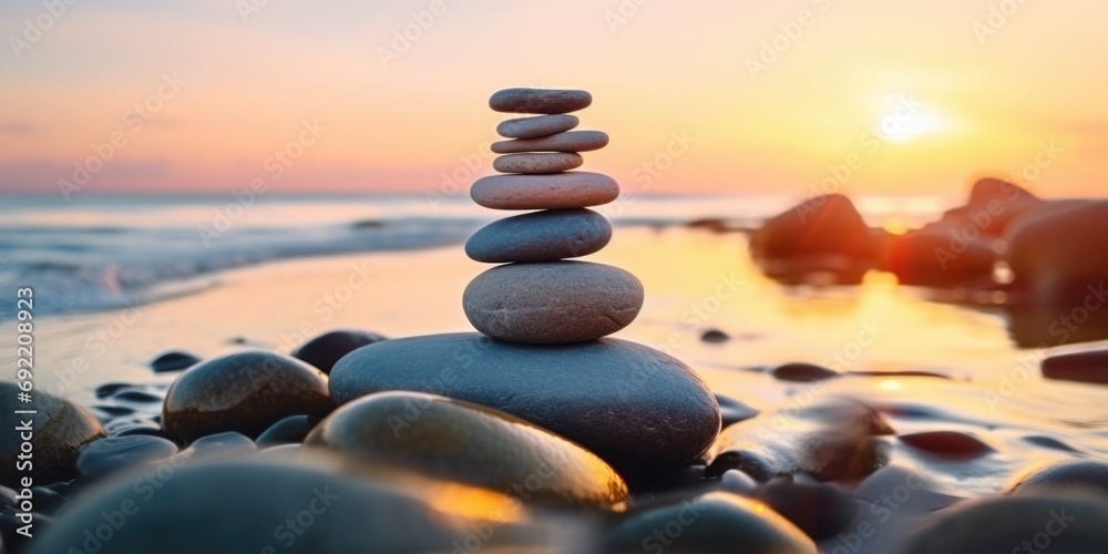 Poster a stack of rocks sitting on top of a beach. this image can be used to represent balance, nature, and