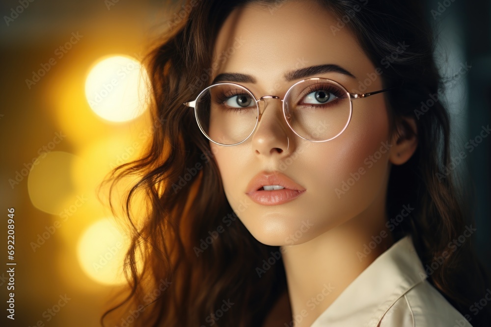 Poster A woman wearing glasses and a white shirt. Suitable for professional or casual settings