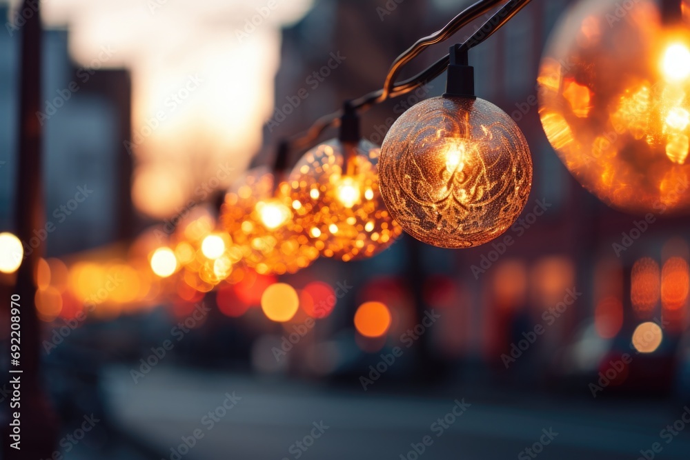 Poster A string of lights hanging from a pole. Perfect for adding a festive touch to any event or occasion