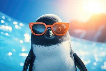A penguin wearing sunglasses stands confidently in front of a sparkling pool. This image is perfect for vacation advertisements and summer-themed designs