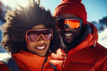 A picture of a man and a woman dressed in ski gear, posing for a photograph. This image can be used to depict outdoor winter activities or as a representation of a couple enjoying winter sports - obrazy, fototapety, plakaty