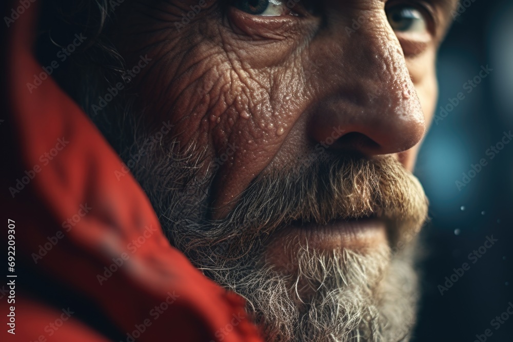 Aufkleber a picture of a man with a beard wearing a red jacket. this image can be used for various purposes