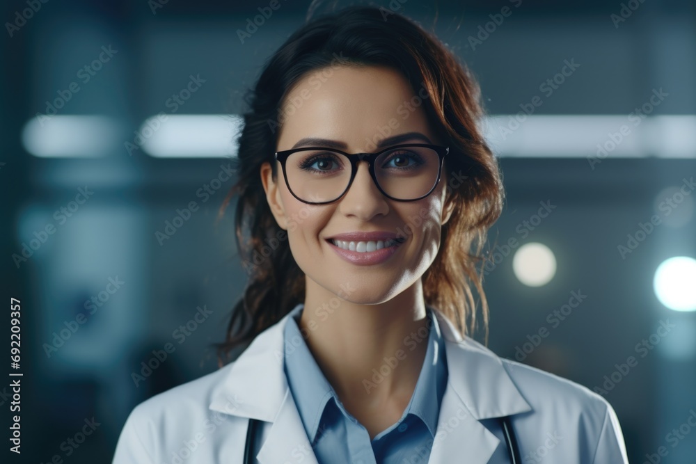 Poster a professional woman wearing a lab coat and glasses. this image can be used to represent scientific 