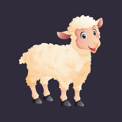 Cute colorful cartoon smiling sheep for children that stands sideways on a grey background 