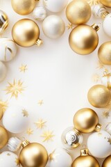 Fototapeta na wymiar Gold and white Christmas ornaments arranged in a circle. Perfect for festive holiday decorations