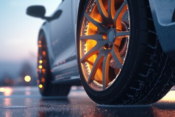 A close-up view of a car tire on a wet road. Suitable for automotive and transportation themes