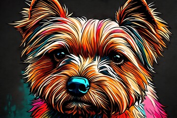 colourful Yorkshire terrier dog on pop art style painting with dark black background 