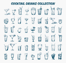 Collection of drawn cocktail drinks. Sketch illustration	