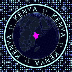 Kenya on globe vector. Futuristic satelite view of the world centered to Kenya. Geographical illustration with shape of country and squares background. Bright neon colors on dark background.