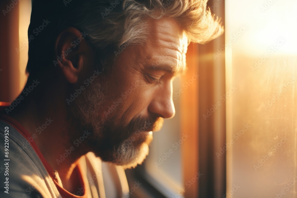 Poster a man is seen looking out a window at the sun. this image can be used to depict contemplation, intro