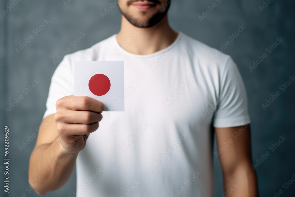 Poster a man in a white t-shirt holding a card with a red circle on it. suitable for various purposes
