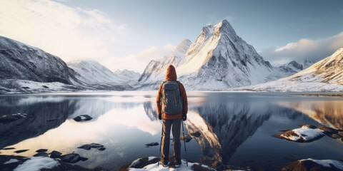 A person standing in front of a serene mountain lake. This image can be used to depict solitude, nature, or outdoor activities - obrazy, fototapety, plakaty