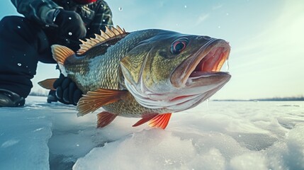 A person is holding a fish on a frozen lake. This picture can be used to depict ice fishing or winter recreational activities - obrazy, fototapety, plakaty