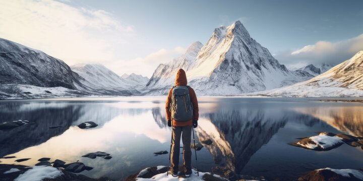 A person standing in front of a serene mountain lake. This image can be used to depict solitude, nature, or outdoor activities