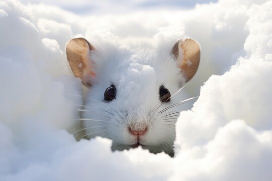 A white mouse is seen peeking out from the snow, creating an adorable and curious image. This picture can be used to represent winter, wildlife, or the beauty of nature in a playful way
