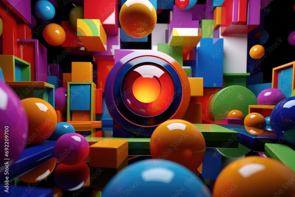 Poster a collection of vibrant balls arranged in a room. suitable for various uses