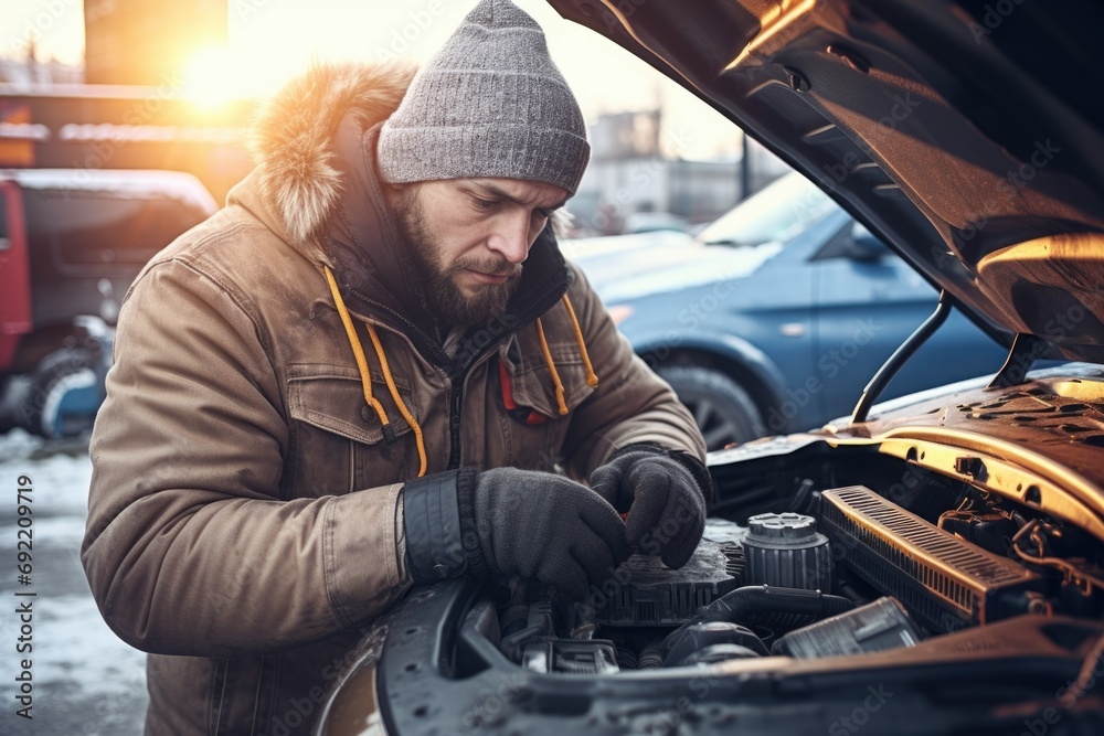 Poster a man is seen working on a car engine in the snowy weather. this image can be used to depict car mai