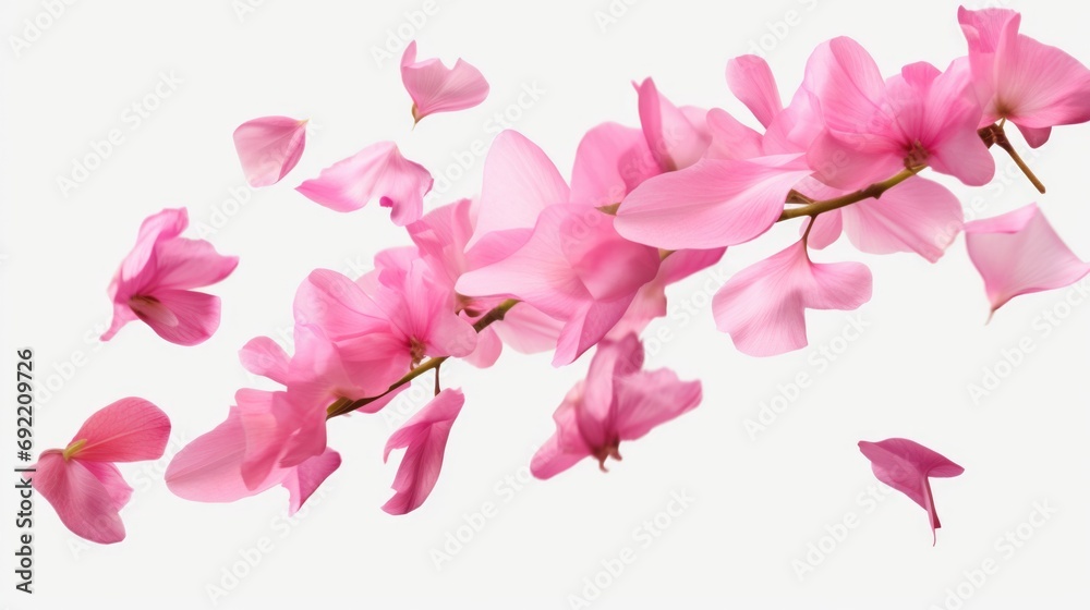 Poster a beautiful bunch of pink flowers flying in the air. perfect for adding a touch of elegance to any p