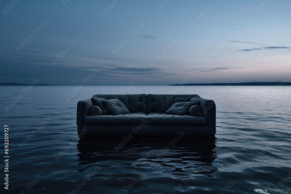 Poster a picture of a couch sitting in the middle of a body of water. can be used to depict surreal or unex