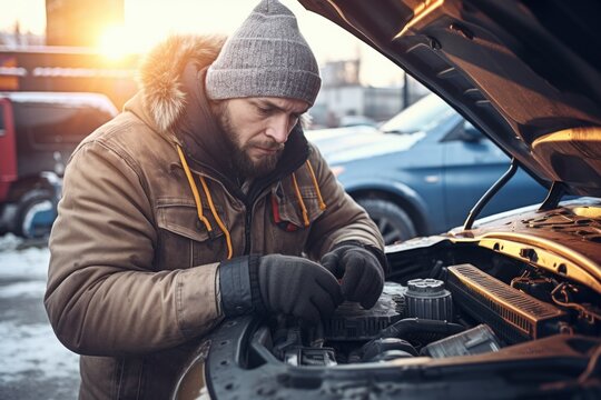 A man is seen working on a car engine in the snowy weather. This image can be used to depict car maintenance during winter or the challenges of working outdoors in cold conditions