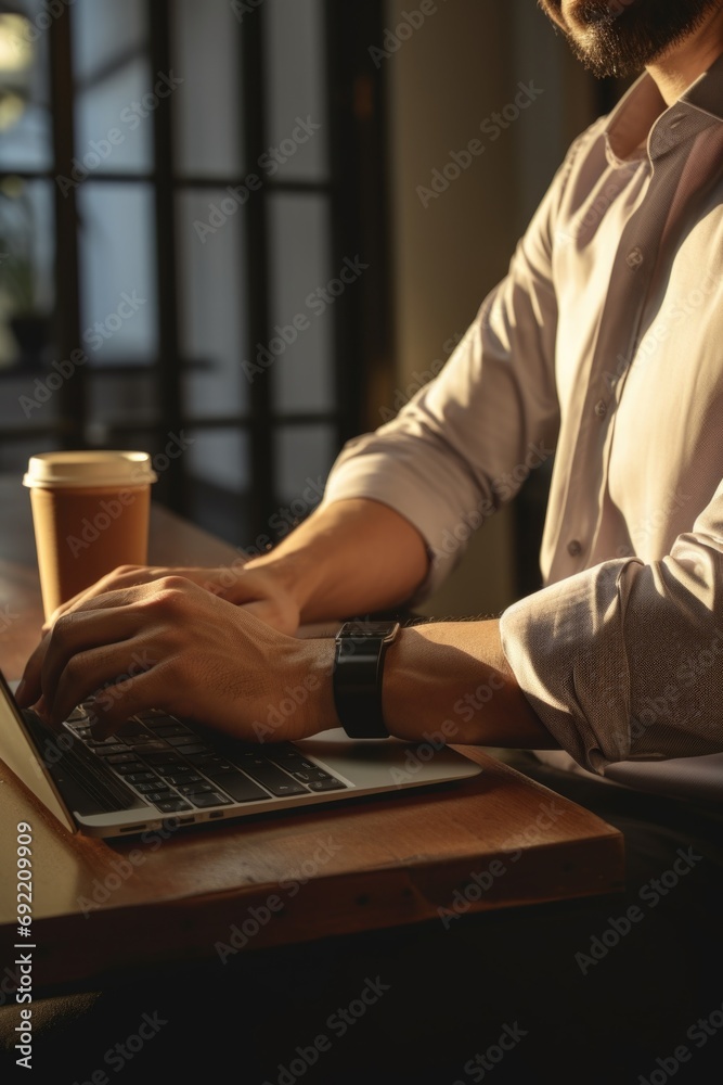 Aufkleber A man sitting at a table using a laptop computer. Suitable for various digital and technology-related concepts