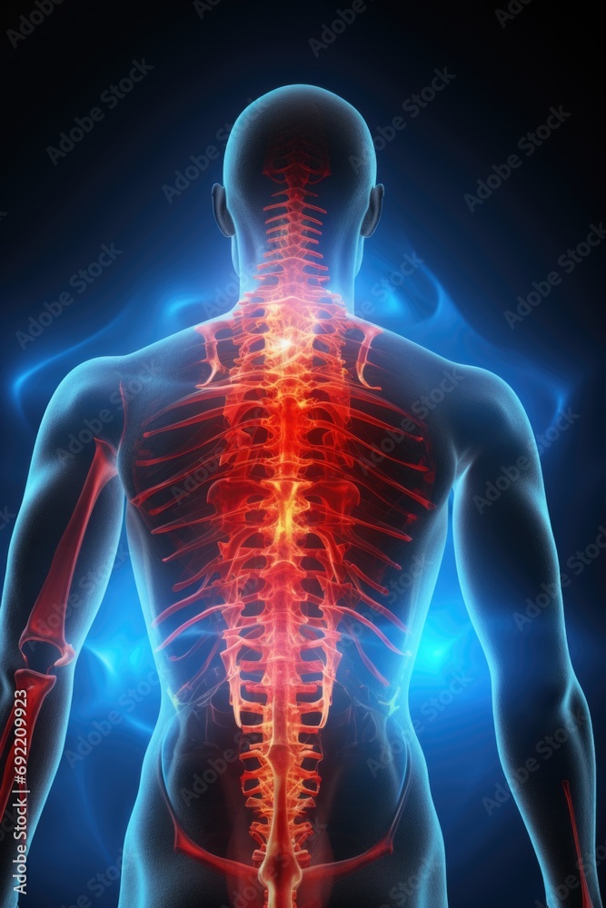Poster A close-up image of the back of a man with a highlighted spine. This picture can be used for medical or anatomical purposes