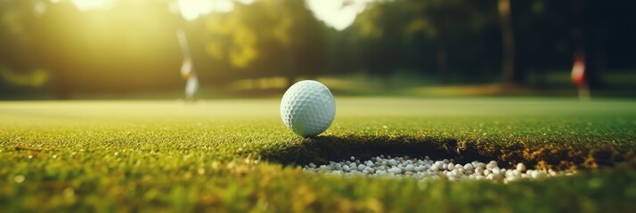 Close-up of a golf ball on a golf course green, an active outdoor game, banner - obrazy, fototapety, plakaty