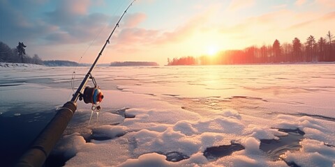 A fishing rod sitting on top of a frozen lake. Perfect for winter fishing enthusiasts