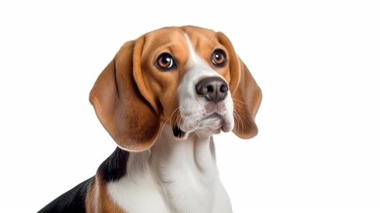 A brown and white dog sitting on top of a white floor. Perfect for pet lovers or animal-themed designs