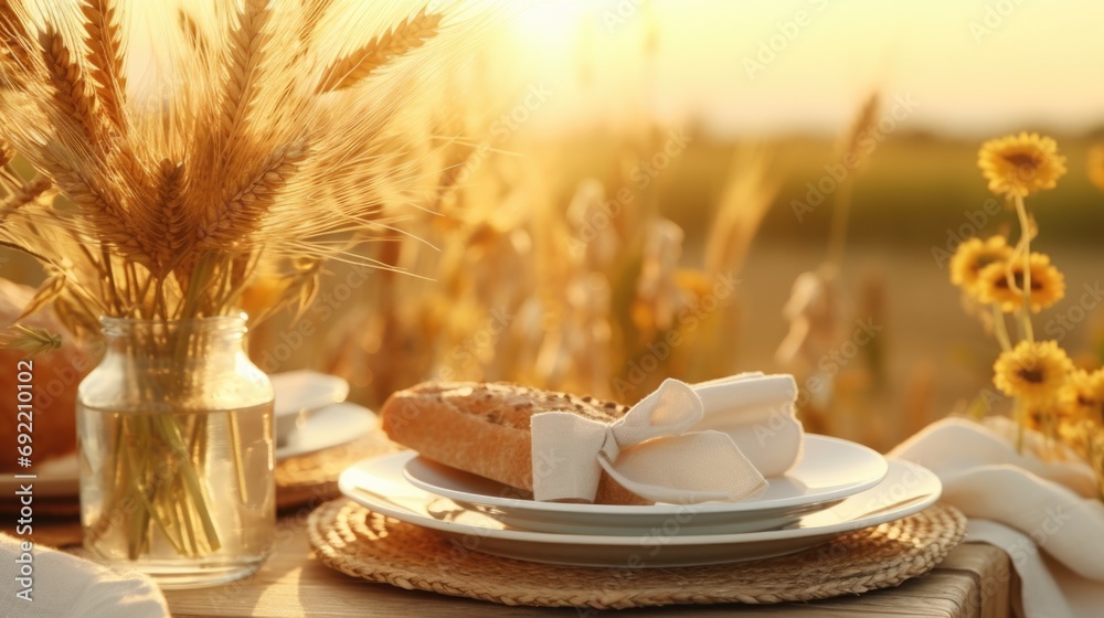 Poster A simple yet elegant table setting featuring a loaf of bread and a beautiful vase filled with flowers. Perfect for showcasing a cozy and inviting atmosphere.