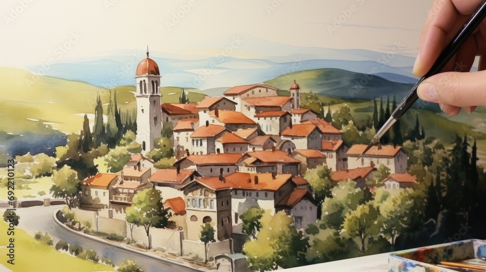 Poster a person is painting a picture of a village. this image can be used for artistic and creative projec