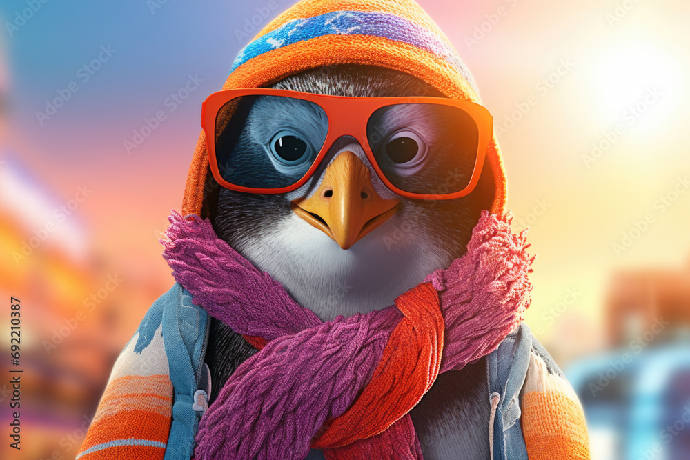 Poster a penguin wearing sunglasses and a scarf. perfect for winter-themed designs or adding a touch of coo