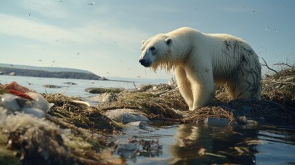 A polar bear standing in a body of water. Suitable for wildlife and nature themes - Powered by Adobe