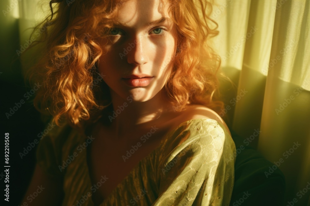 Poster a woman with red hair sitting in front of a window. perfect for adding a touch of warmth and natural