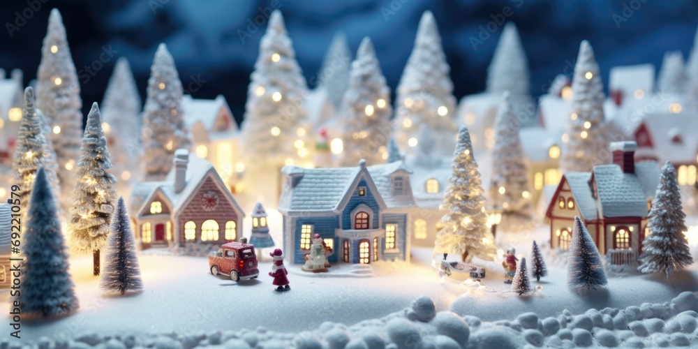 Poster a charming miniature christmas village with a snowman standing in front of it. perfect for holiday d