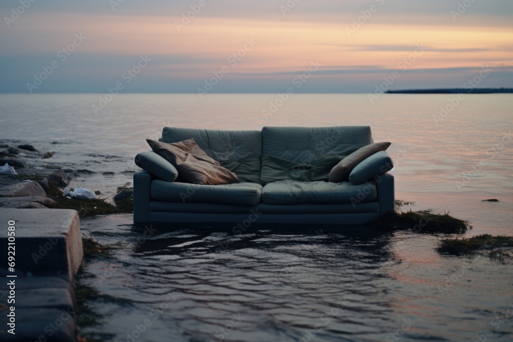 Poster a picture of a couch sitting in the middle of a body of water. perfect for illustrating surreal or u