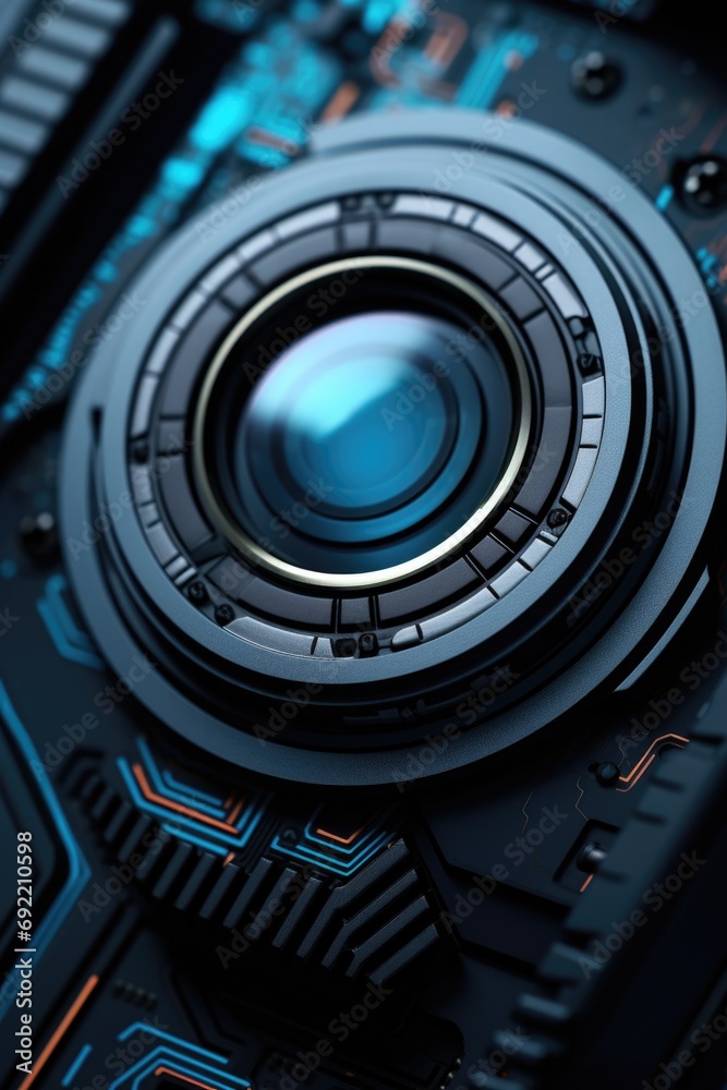 Poster Close up of a camera lens on a circuit board. Perfect for technology or electronics-related projects