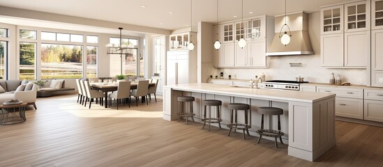 Beautiful kitchen and living room in new luxury home Features large island with farmhouse sink stainless steel appliances gas range and hardwood floors Living room has vaulted ceilings and tv