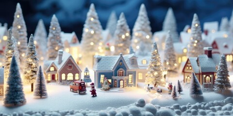A charming miniature Christmas village with a snowman standing in front of it. Perfect for holiday decorations or creating a festive atmosphere.