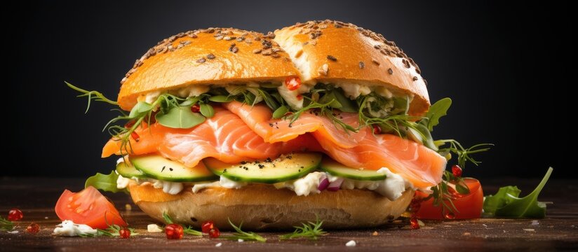 Bagel sandwich with smoked salmon cream cheese avocado and egg. Copy space image. Place for adding text or design