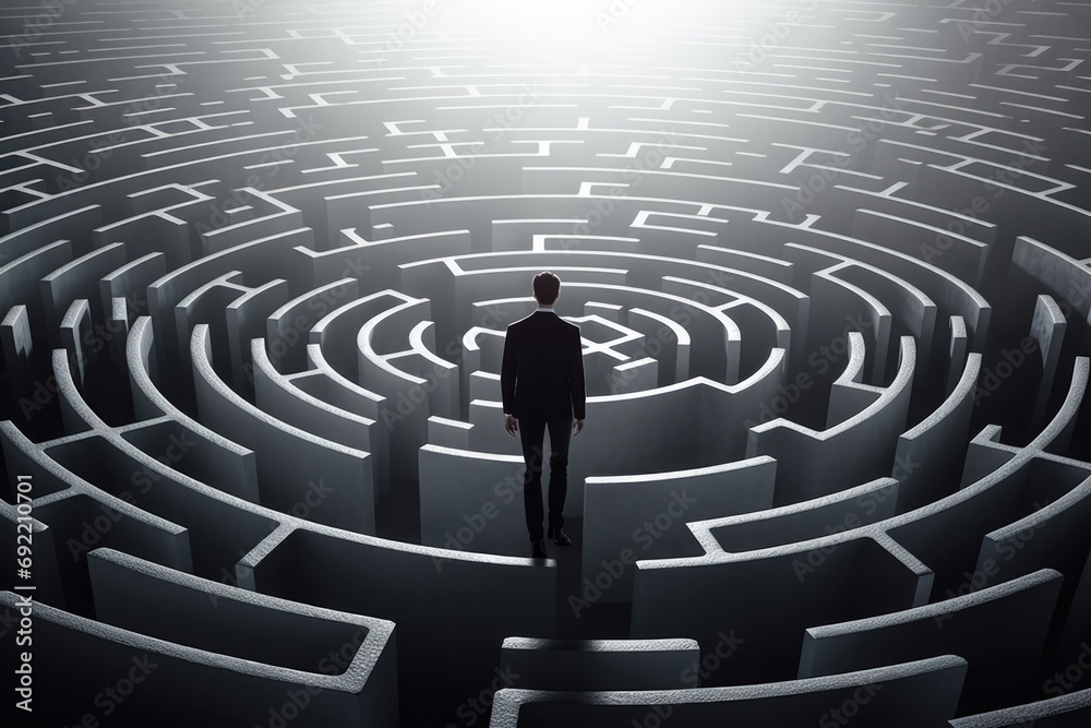 Poster A man standing in front of a circular maze. Perfect for illustrating problem-solving, challenges, and finding the right path